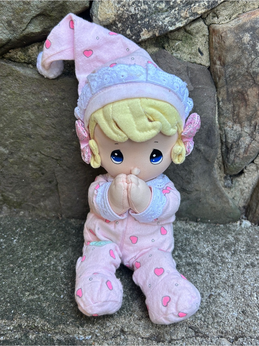 Precious Moments Pink Heart Pajama Baby Doll Prayer Pal VTG Talking prayer doll